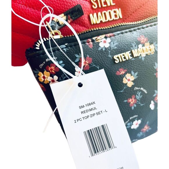 Steve Madden Bag Set Red Cosmetic Makeup Red Wristlet Top Zip Embossed - Picture 4 of 4
